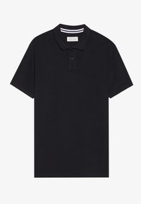 Polo noir en coton avec un col classique, patte de boutonnage à deux boutons et détail rayé contrastant à l'intérieur du col.