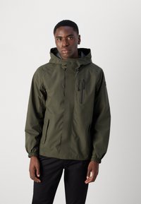 Olive green water-resistant jacket with a hood, front zipper, elastic cuffs, and a chest pocket in a minimalist design.