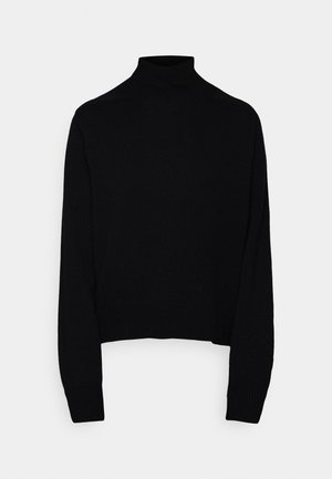Black turtleneck sweater, knitted texture, long sleeves, fitted design, ribbed hem and cuffs, versatile for layering.