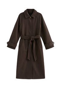 Bruine wollen trenchcoat met een kraag, een taille met ceintuur en brede mouwen met knoopdetails bij de manchetten. Klassiek, op maat gemaakt ontwerp.