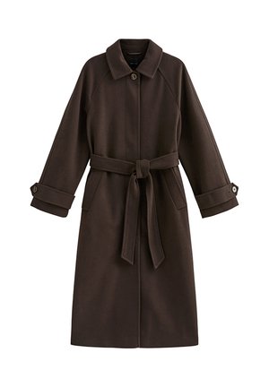 Bruine wollen trenchcoat met een kraag, een taille met ceintuur en brede mouwen met knoopdetails bij de manchetten. Klassiek, op maat gemaakt ontwerp.