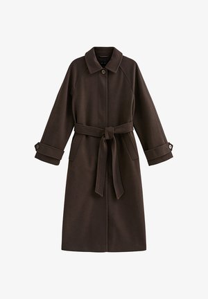 Abrigo trench de lana marrón con collar, cintura con cinturón y mangas anchas con detalles de botones en los puños. Diseño clásico y entallado.