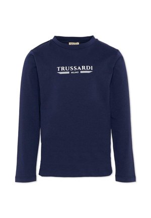 Maglietta blu navy a manica lunga con girocollo e scritta bianca "TRUSSARDI MILANO" centrata sul petto.