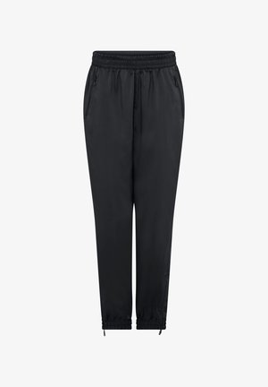 Čierne zúžené nohavice s elastickým pásom, bočnými vreckami so zipsom a nastaviteľnými elastickými lemami so sťahovacou šnúrkou.