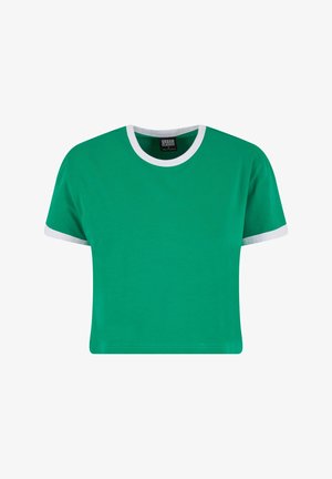 Grøn cropped t-shirt lavet af bomuld, med en hvid rund halsudskæring og ærmebånd. Glat tekstur med korte ærmer og en afslappet pasform.