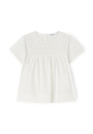 Top blanco de manga corta con escote redondo, que presenta detalles de fruncido y un corte amplio, confeccionado en tejido ligero.