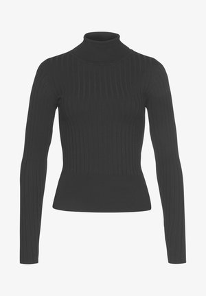 Musta ribbineulottu poolopaita, joka on valmistettu neulotusta kankaasta. Siinä on pitkät hihat ja vartalonmyötäinen malli, sileällä, teksturoidulla pinnalla.