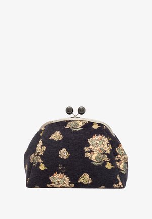 Marinefarbener Stoffbeutel mit goldenen Akzenten, die mythische Kreaturen darstellen, einer runden Form und einem Metallverschluss mit zwei schwarzen kugelförmigen Knöpfen.