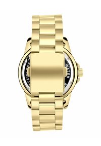 Gold stainless steel watch with a round case, metal bracelet, and black dial featuring white text. Includes a prominent crown and sleek design.