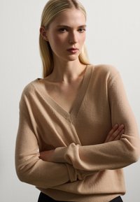 Suéter beige de cuello en V, fabricado en tejido suave, con un corte relajado y puños acanalados, que presenta una textura lisa y detalles de costura sutiles.