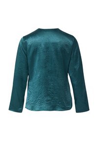 Türkisfarbenes Langarmshirt mit Rundhalsausschnitt, aus einem Stoff mit geknitterter Textur, mit lockerem Schnitt und ohne sichtbare Verschlüsse.