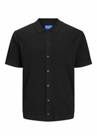 Polo shirt negru cu mânecă scurtă, fabricat dintr-un material texturat, având un front cu nasturi și un guler clasic. Design simplu, fără modele.