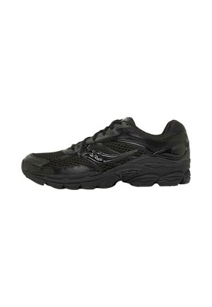 Zwarte atletische hardloopschoen met mesh- en leren bovenwerk, vetersluiting en dikke gevoerde zool voor ondersteuning en comfort.