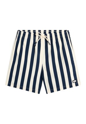 Marineblauwe en witte zwemshorts met verticale strepen, elastische tailleband en witte trekkoord, klein logopatchje op de onderkant van het rechterbeen.