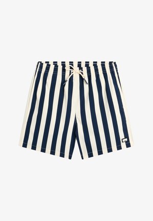 Shorts de bain à rayures verticales bleu marine et blanches avec taille élastique et cordon blanc, petite étiquette logo sur la jambe droite en bas.