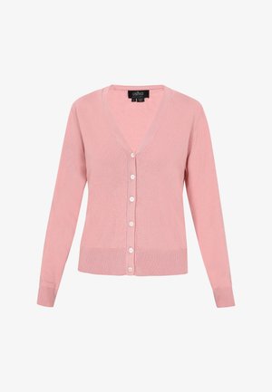 Svetlo roza kardigan narejen iz mehkega pletenega materiala, z V-izrezom, dolgimi rokavi in šestimi gumbi v navpični vrsti spredaj.