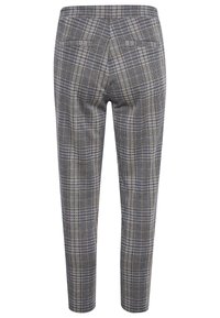 Pantalons à carreaux présentant un motif gris et bleu, taille mi-haute, deux poches arrière et coupe droite.