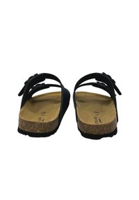 Sandali neri slip-on con due cinturini superiori, suola in sughero e suola in gomma texturizzata. Presentano un logo impresso sulla soletta.