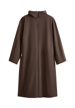 Brown, long, hooded coat made of smooth fabric. Features a full-length zipper, side pockets, and relaxed-fitting, wide sleeves.