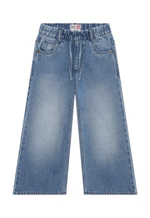 Blauwe jeans met wijde pijpen, elastische band en trekkoord, voorzakken en vervaagde details op de dijen.