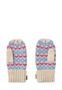 Wollhandschuhe mit einem hellblauen Hintergrund und einem Herzmuster in Rosa und Creme. Ribbed Cuff und Daumen in Creme. Weicher Textur.