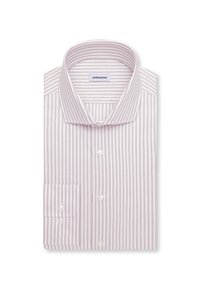 Chemise habillée manches longues pour homme, rayures verticales rose pâle et blanches, pliée soigneusement avec col et poignets visibles.