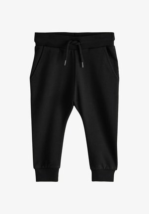Sorte sweatpants til småbørn med elastisk talje, snøre, sidelommer og ribkant ved anklerne på hvid baggrund.