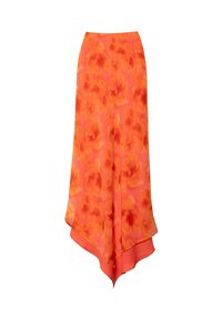 Jupe florale dans des teintes orangées avec un design fluide. Fabriquée en tissu léger, elle présente un ourlet asymétrique et une texture douce.