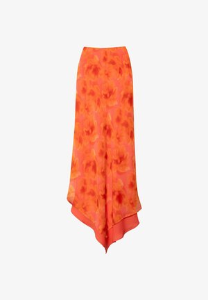 Falda floral en tonos naranjas con un diseño fluido. Hecha de tela ligera, presenta un dobladillo asimétrico y una textura suave.