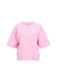 Lyserød kortærmet sweatshirts med rund hals og raglanærmer, fremstillet af et blødt stof med en glat tekstur.