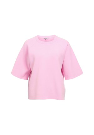 Felpa corta a maniche corte rosa chiaro con collo rotondo e maniche raglan, realizzata in un tessuto morbido con una texture liscia.