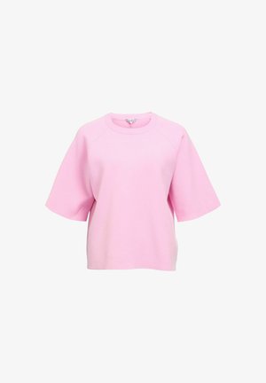 Sudadera de manga corta color rosa claro con cuello redondo y mangas raglán, confeccionada en una tela suave de textura lisa.