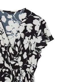 Robe portefeuille florale noire et blanche avec des manches courtes à volants et une taille froncée, taille petite, de la marque Calliope.