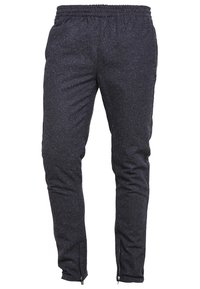 Pantalon de jogging gris foncé moucheté avec ceinture élastique et zips aux chevilles, montré de face sur fond blanc.
