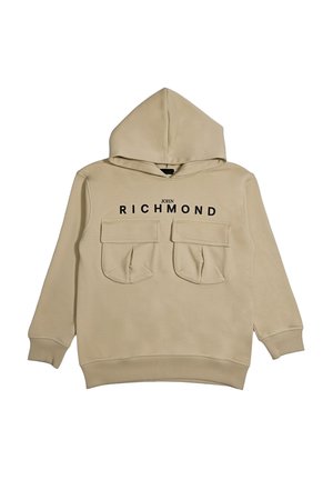 Felpa beige con cappuccio, due tasche anteriori con patta e la scritta "JOHN RICHMOND" stampata in nero sul petto.