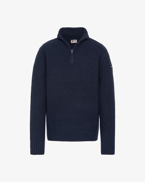 Marineblauer Pullover mit einem Reißverschluss bis zum Viertel-Stehkragen, strukturiertem Strickstoff sowie gerippten Bündchen an Ärmeln und Saum. Mit Markenetikett am Kragen.