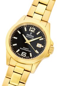 Festina kvarčni ročni ura s črnim številčnicom, ohišjem in pasom v zlatem tonu, safirnim steklom, belimi urami ter prikazom datuma ob 3. uri.