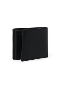 Sort læderpung med tekstureret overflade, to-delt design, flere kortholdere og kontrasterende syninger langs kanterne.