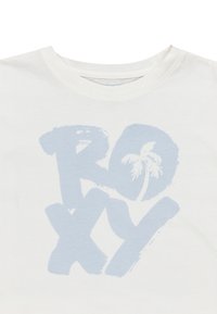 Camiseta de algodón blanca con un texto gráfico en azul claro que dice "ROXY" y un diseño de palmera, de cuello redondo y mangas cortas.