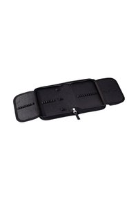 Black zippered case with fabric texture, featuring two compartments and multiple elastic holders for secure storage of items inside.