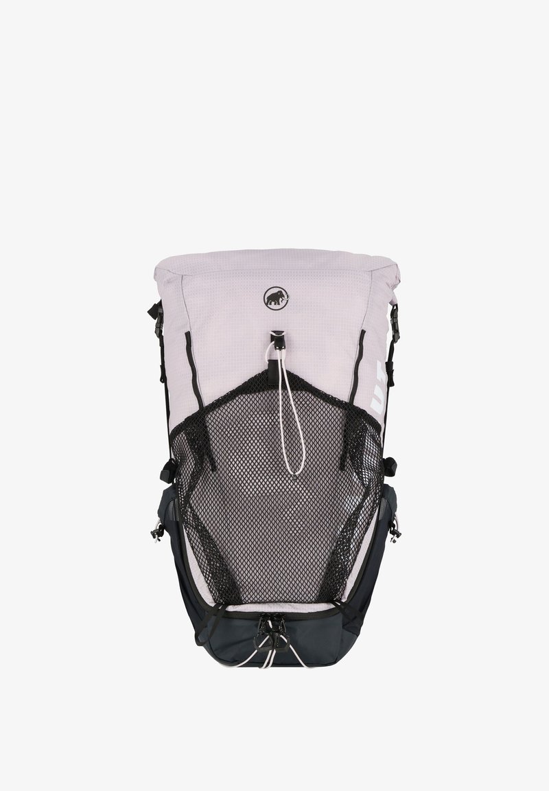 Helles grauer Rucksack mit einem Netzrücken, schwarzen Akzenten, Kordelzugverschluss und Vordertasche. Verfügt über Riemen und verstellbare Beschläge.