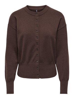 Brown cardigan sweater with a rounded neckline, long sleeves, and button closure. Made from a soft knit material with a relaxed fit.