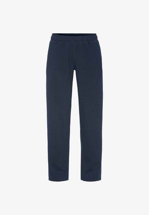 Mörkblå mjukisbyxor av mjukt tyg med elastisk midja och raka ben. Utan fickor eller ytterligare dekorationer.