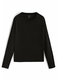 Black long-sleeve sweater with a round neckline, ribbed cuffs, and a straight hem. Made from a soft, textured fabric. No visible patterns.