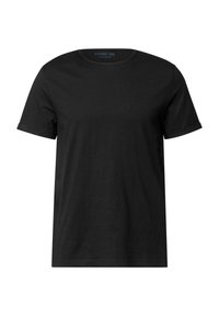 Camiseta negra de manga corta hecha de algodón suave. Cuello redondo con mangas enrolladas. Diseño simple, sin patrones ni acentos adicionales.