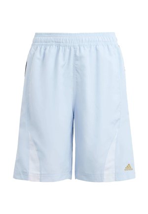 Shorts de sport pour hommes bleu clair avec taille élastique, panneaux latéraux blancs et petit logo Adidas doré sur la partie inférieure droite de la jambe.