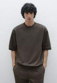 Massimo Dutti CREW NECK SWEATSHIRT WITH SHORT SLEEVES - T-shirt basic - mottled dark brown