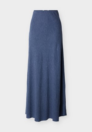 Long blue skirt with subtle texture, fitted waist, and flowing hem, displayed against a plain light background.