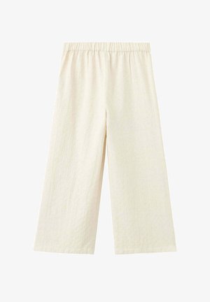 Pantalon ample crème à jambes larges avec taille élastique, confectionné dans un tissu léger et texturé.