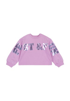 Felpa cropped rosa con maniche lunghe, caratterizzata da lettere argentate lucide "BEST & FUN" stampate su entrambe le maniche. Realizzata in morbido cotone.